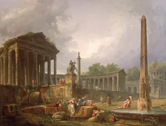 Architectonische Capriccio met tempel en obelisk, 1798